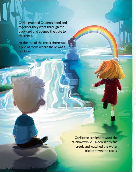 Carlie runs toward a bright rainbow at the top of a waterfall creek while Caiden sits and watches beside the water.