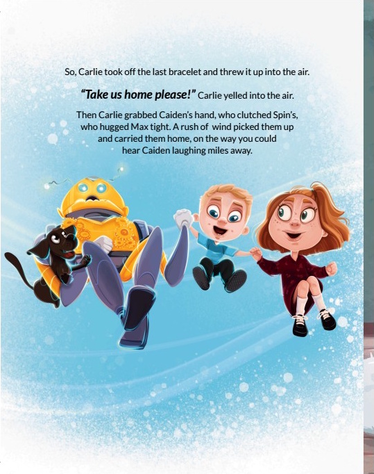 Carlie, Caiden, and Max soar through the sky on swirling cyan wind trails, laughing as they fly home.