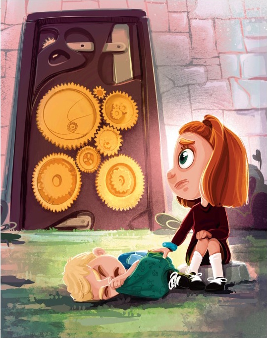 Carlie and Caiden stand before an enormous stone door set with glowing golden gears.