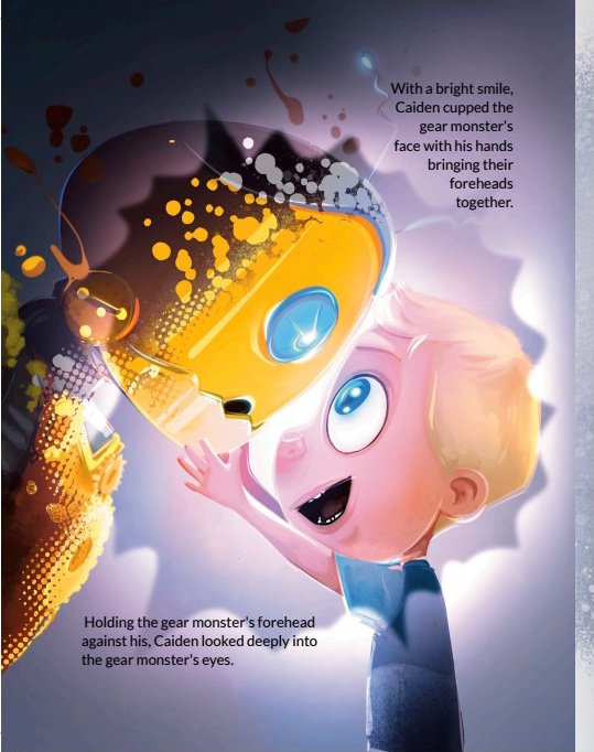 Caiden presses his forehead gently against the Gear Monster in a moment of quiet understanding, bathed in warm golden light.